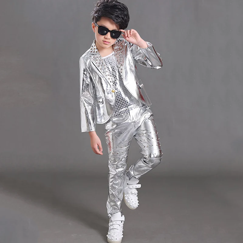 2020 Hip Hop Costumes Boys Long Sleeves Rivets Silver Coat Vest Pants Kids Jazz Performance Clothing Modern Stage Wear DNV14063