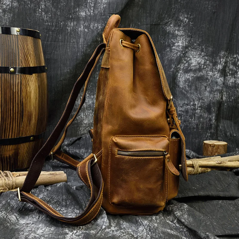 Vintage Crazy Horse Leather Backpacks Mens Genuine Leather Rucksack Durable Leather School Bag for male Travlling Bagpacks