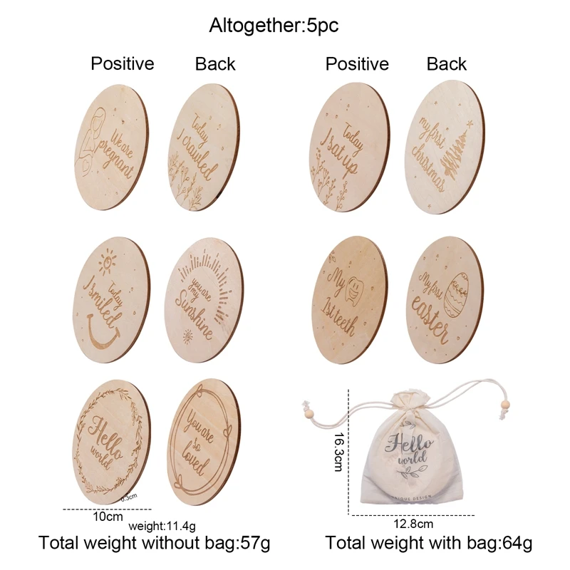 5pcs carte per pietre miliari per bambini a doppia faccia nascita in legno pietra miliare puntelli per foto nascita schede di registrazione mensile
