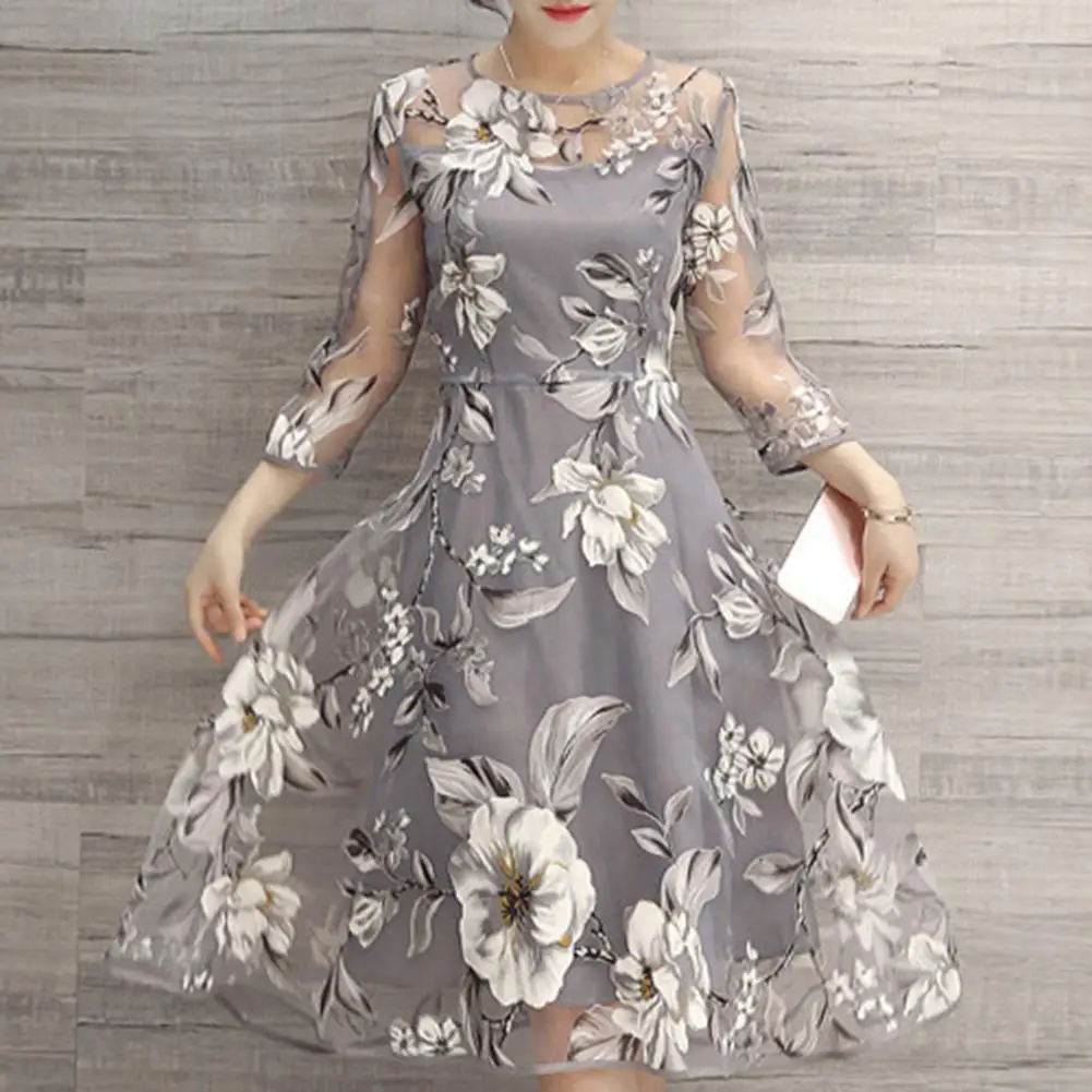 

2021 Large Swing Summer Dress Women Floral Double Layer Midi Dress Elegant Lady O Neck 3/4 Mesh Sleeve Party Beach Holiday Dress