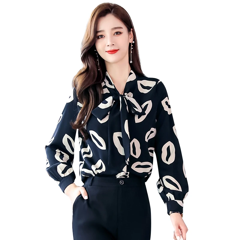 High Quality Red Lips Print Women's Clothing Long-Sleeved Chiffon Lady Blouse Shirt Fashion Printing Chiffon Suit