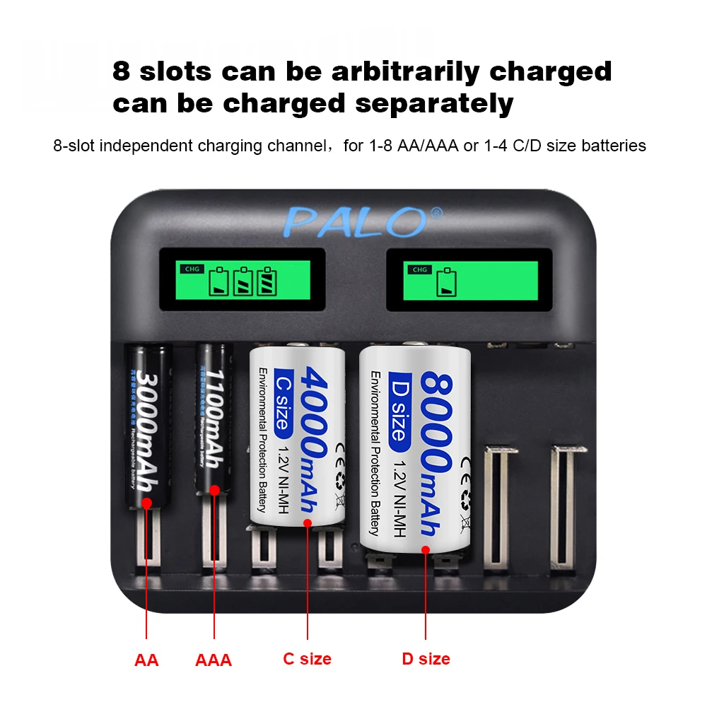 PALO-batería recargable tipo C de 4000mAh, 1,2 V, LR14 + 8 ranuras, cargador inteligente para batería de 1,2 V, AA, AAA, C, D, 9V