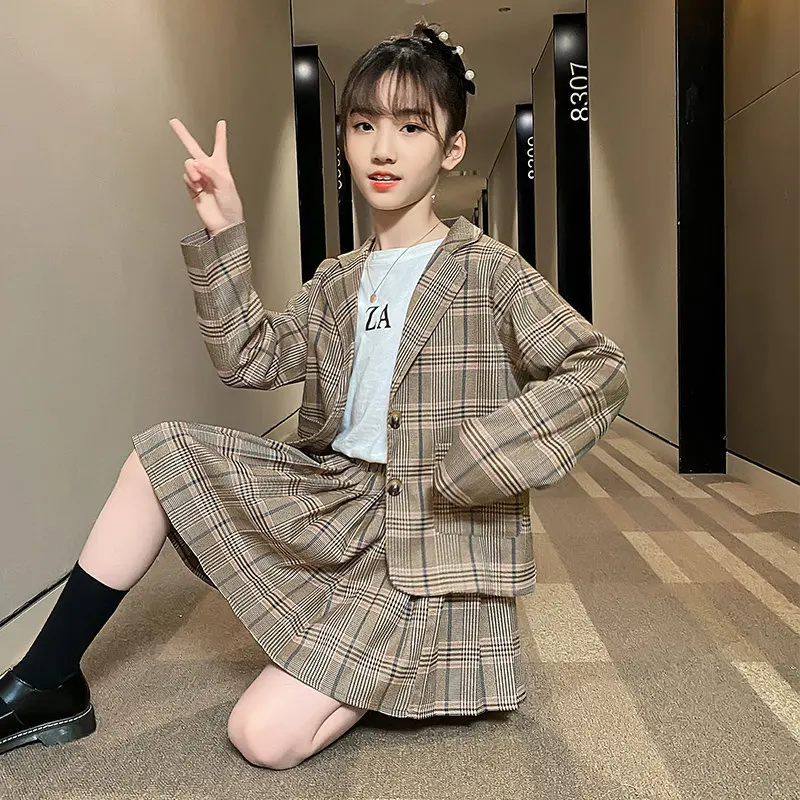 Girls Clothing Suit For Formal Party Blazer And Skirt Set Fashion Spring Children Cotton Linen Plaid Outfits 4 5 7 9 11 12 13Yrs