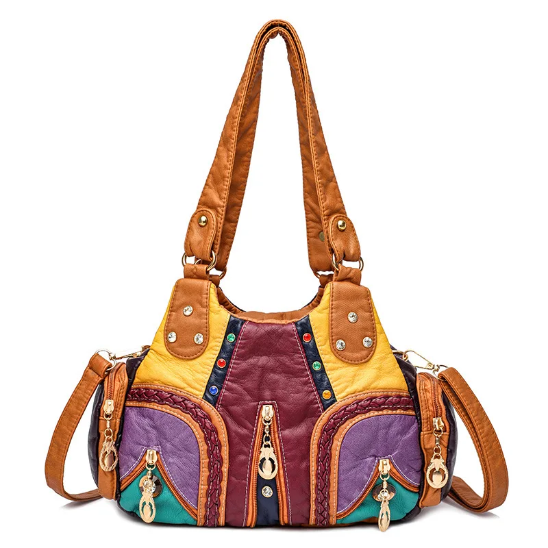 Yogodlns Vintage Weiche PU Leder Schulter Tasche Frauen Große Kapazität Handtasche Mode Umhängetasche Nähte Farbe Griff Tasche sac – Detail 27
