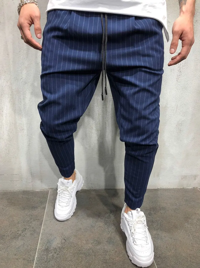 Striped Harem Pants Mens Fashion Hip Hop Streetwear Casual Ankle Length Pants with Drawstring Men's Suit Pants Black Navy Blue