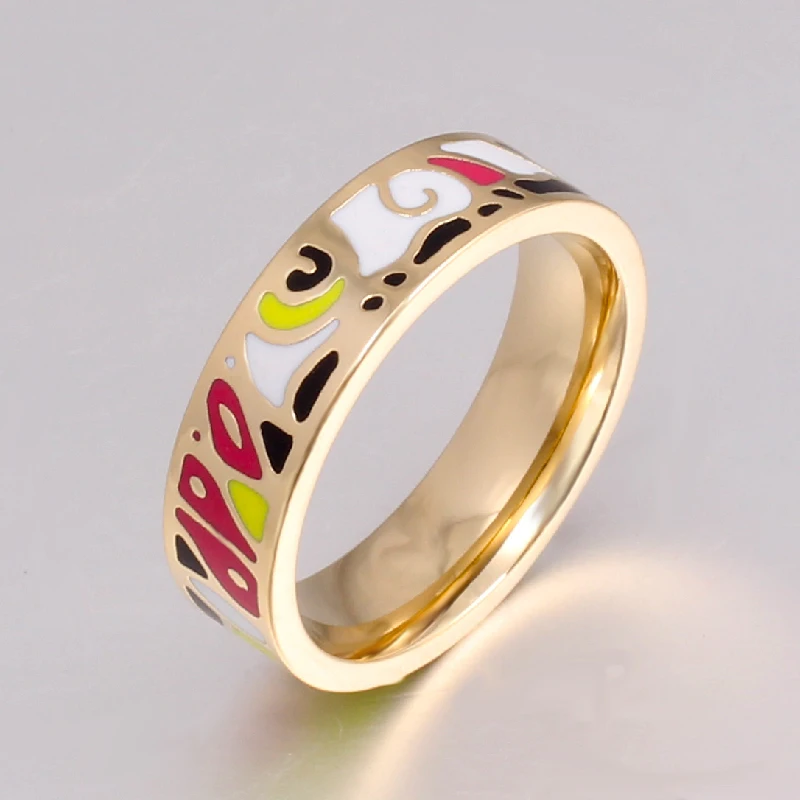 Ceramic Rings and Colorful Design Enamel Style Stainless Steel Gold-color Ring Girl Gift