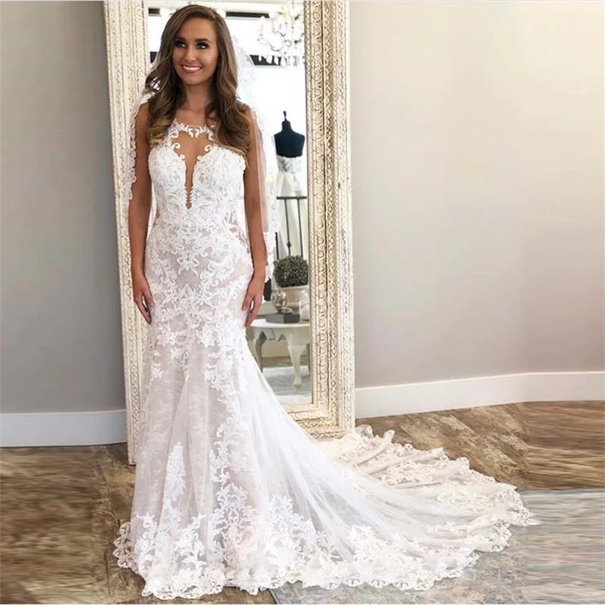 جديد دانتيل زينة حورية البحر فساتين زفاف 2020 بدون أكمام أبيض عاجي Vestido De Novia ذيل محكمة بدون ظهر فساتين الزفاف