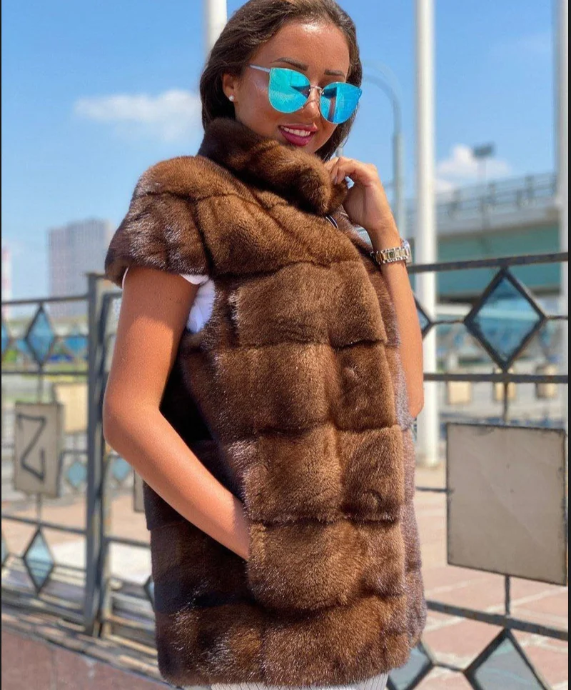 Women's Real Mink Fur Waistcoat, Warm Winter Jacket, European Street Style, 100% Mink, High Quality