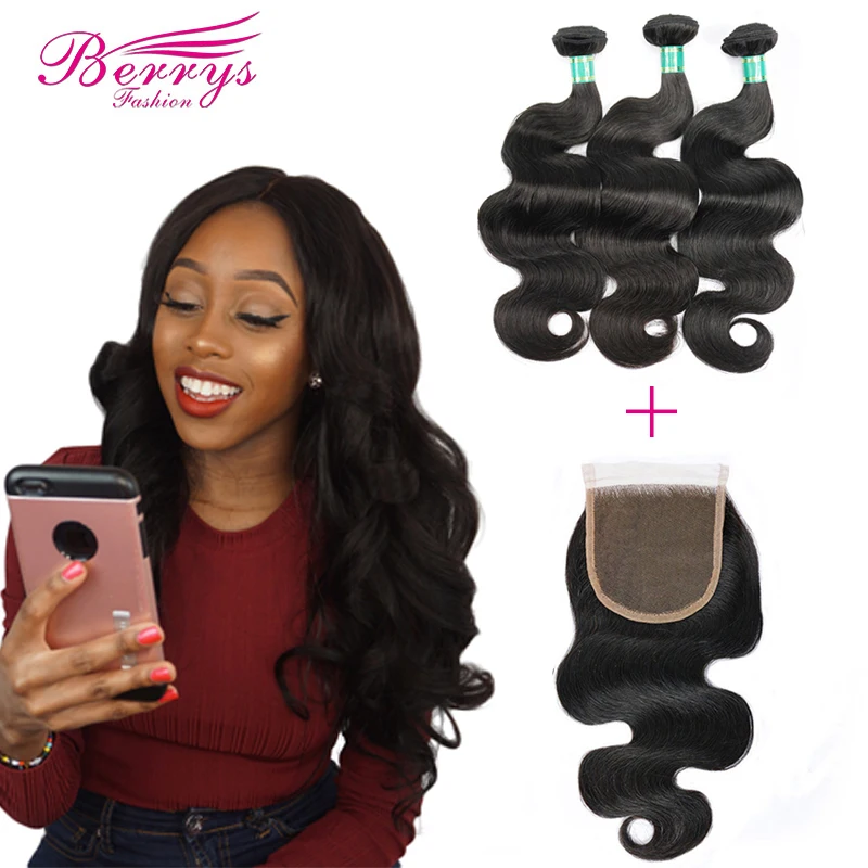 3 Bundles with 4x4 Closure Brazilian Body Wave 10A Virgin Hair Weave Nature 1B 100% Human Hair Extension 10-28inch Free Shipping