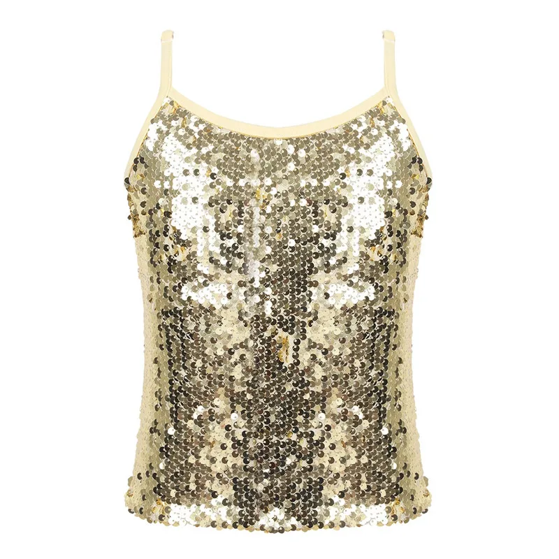 Kids Girls Adjustable Spaghetti Shoulder Straps Sparkly Sequined Tops Tank Top Vest for Dancing Stage Performance Streetwear