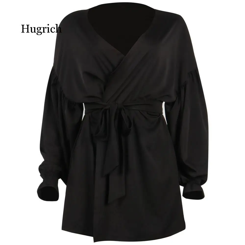 Autumn Deep V-Neck Loose Short Black Shirt Dress Women Long Lantern Sleeve Swing Office Lady Sexy Party Dresses Elegant