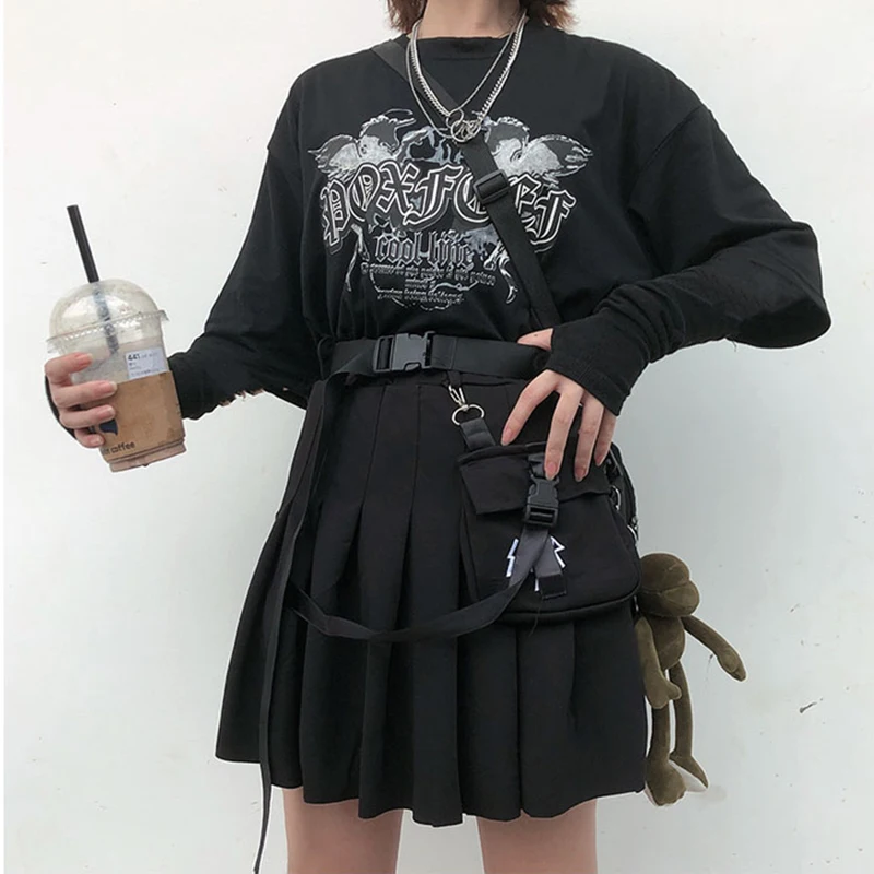 2021 Gothic Punk Harajuku Women Skirts Casual Cool Chic Preppy Style Red Plaid Pleated Black Female Fashion Shorts Skirts Pocket