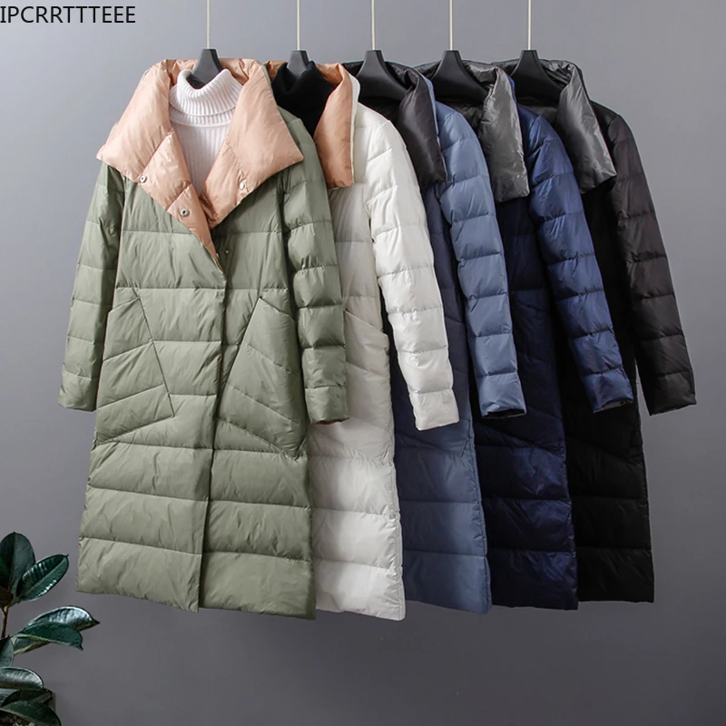 Autumn Winter Female Women Long Coats Double Sided Coats Jacket Women Ultra Light 90% White Duck Down Jacket Slim Down Coat