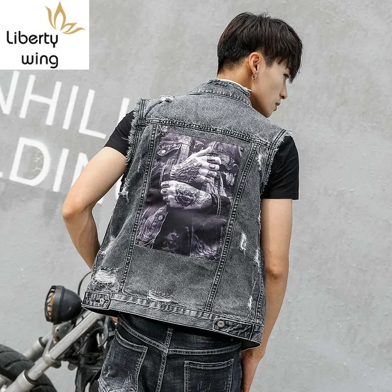 

2020 Mens Vest Casual Fashion Print Slim Sleeveless Biker Jackets Harajuku Turn-down Collar Frayed Cowboy Tops Coat Men Outwear