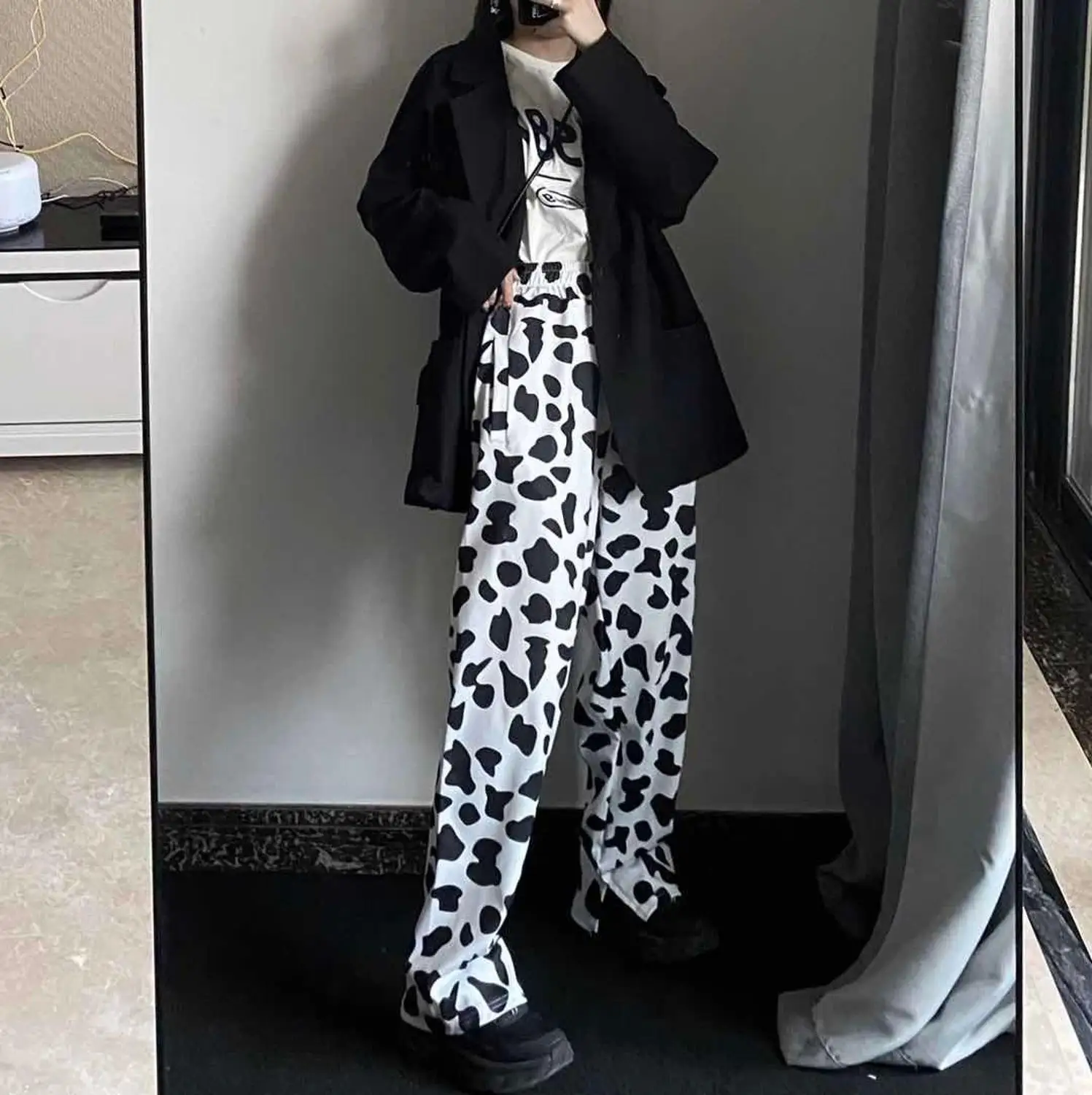 Casual Elastic High Waist Milk Cow Print Pants Women Summer Straight Loose Fashion Trousers Heat Pantalon Femme Pants