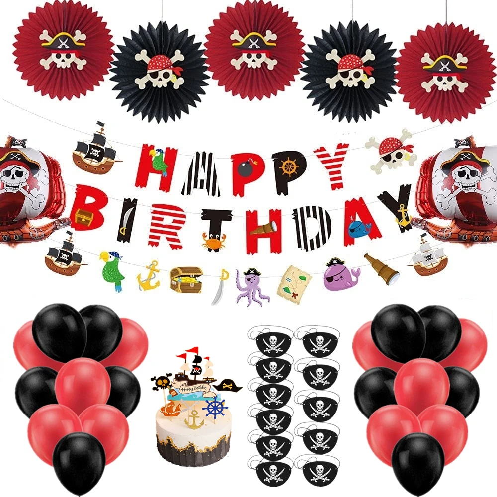 Pirate Themed Birthday Party Decoration, Balloon Banner, Garland Treat Box, Cake Topper for Pirate Themed Loot Treasure Party