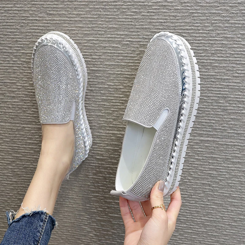 Luxe Vrouwen Flats Bling Crystal Slip-On Naaien Flatform Loafers Schoenen Casual Mode Schoenen Voor Vrouwen