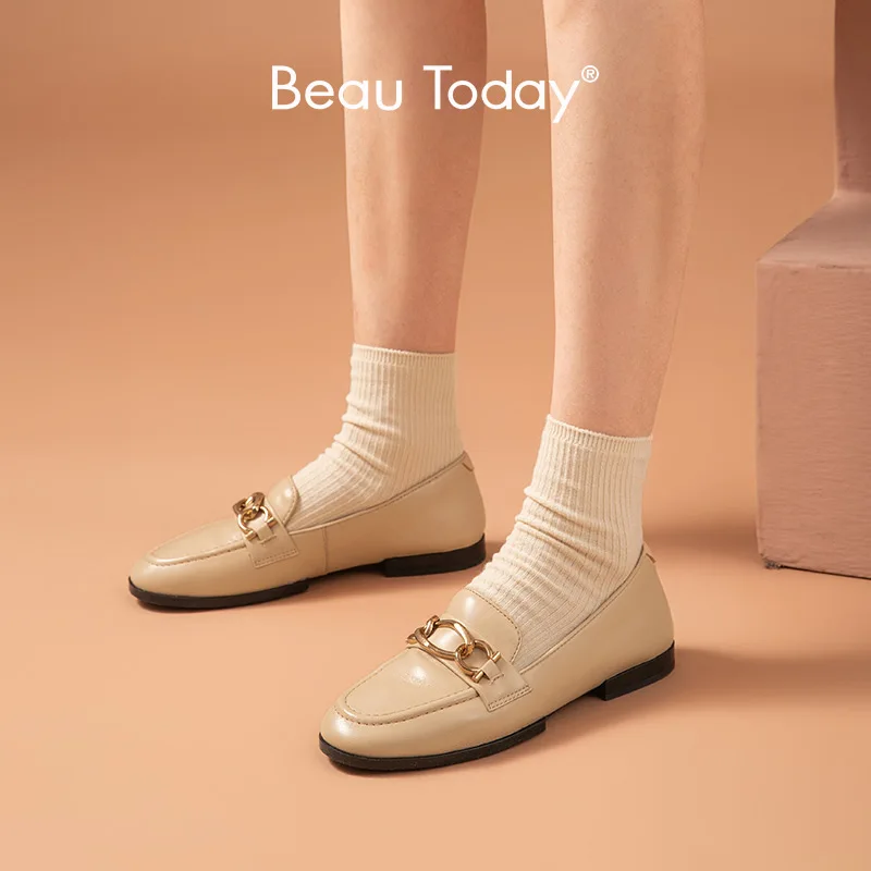 

BeauToday Casual Loafers Women Sheepskin Leather Round Toe Slip On Sewing Flats Metal Decoration Ladies Low Heel Shoes 27498