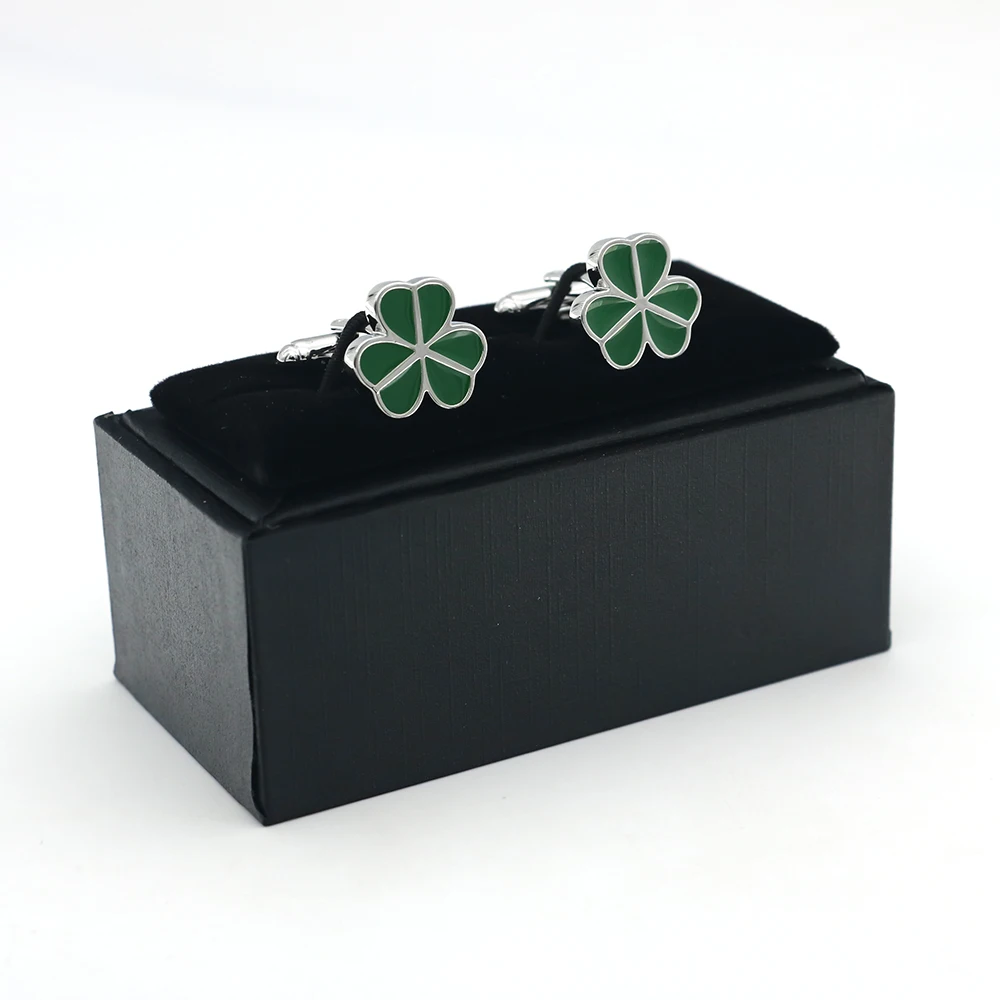 Free Shipping Men\'s Lucky Clover Cufflinks Leaf Design Green Color Quality Copper Cuff Links Wholesale&retail