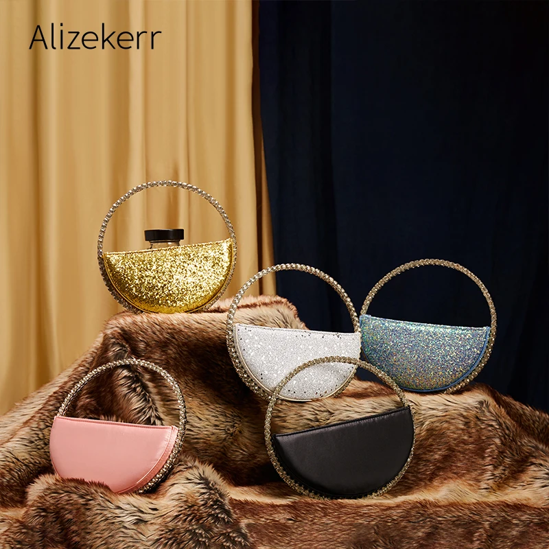 Sequins Round Evening Clutch Bags Women 2020 New Designer Metal Handle Rhinestone Satin Purse Female Chic Half Moon Handbags