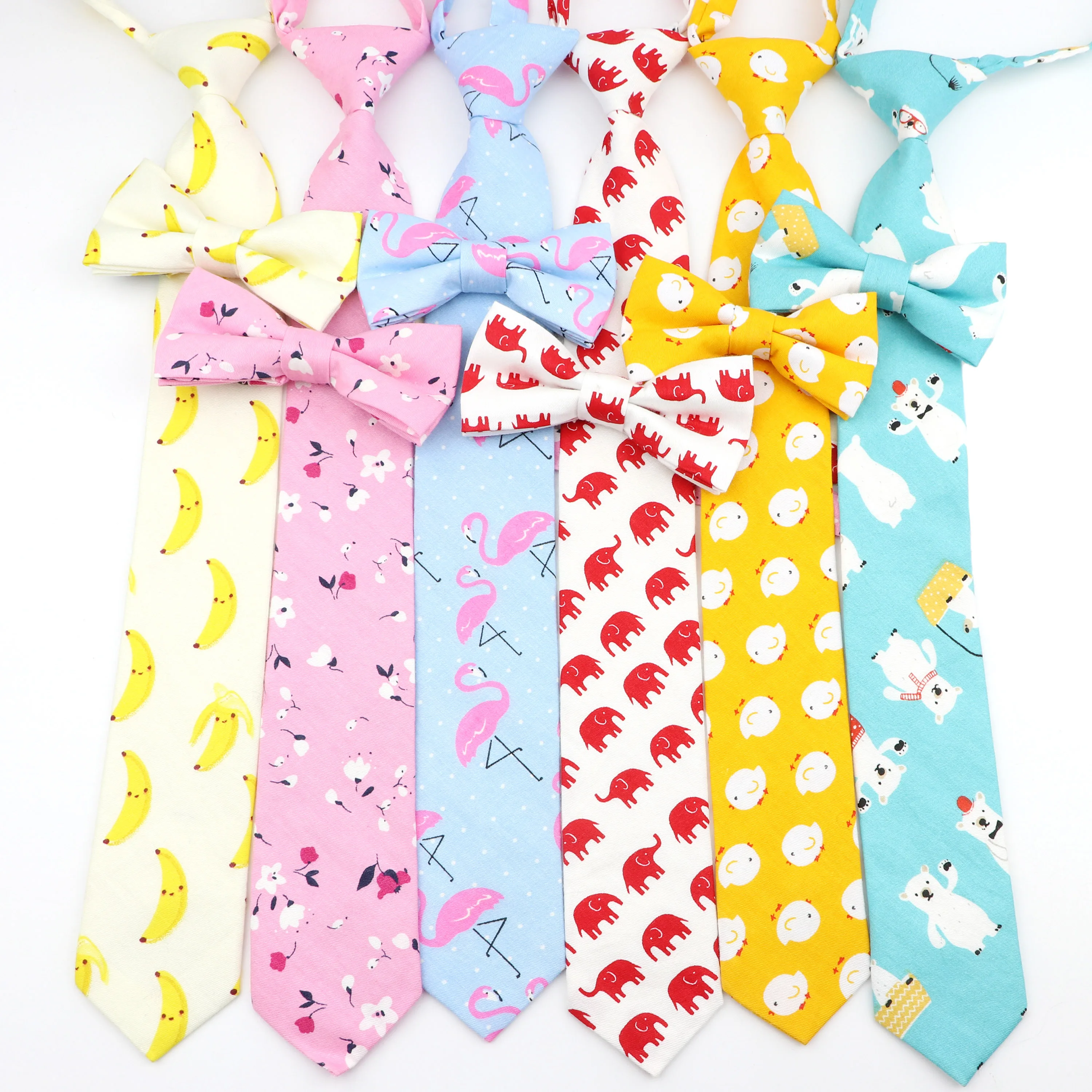 Cotton Cartoon Kids Elastic Necktie Bowtie Set Duck Dog Bear Elephant Boys Girls Lovely Cute Print Tie School Daily Skinny Ties