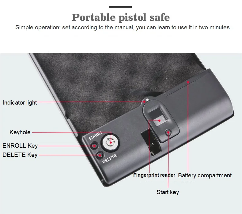 Caja de seguridad biométrica con huella dactilar, caja de joyería con llave de pistola de seguridad de acero sólido, caja de joyería biométrica de seguridad portátil con huella dactilar