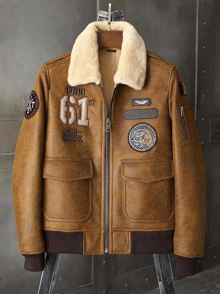 Denny&Dora Men's Brown Sheepskin Shearling Coat Embroidered Winter Outerwear Short Fur Leather Jacket Overcoat