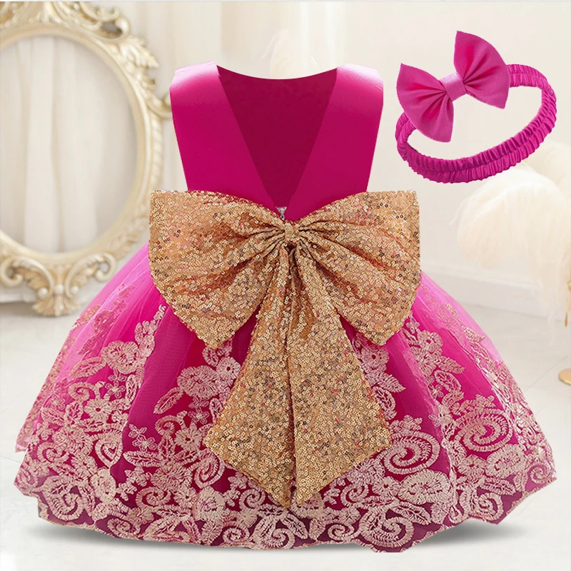 Backless Bow Toddler Baby 1st Birthday Baptism Dress For Girls Princess Luxury Embroidery Costumes Kids Party Clothes Vestidos