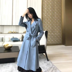 British style spring and autumn women's new high quality suede temperament slim windbreaker long paragraph over the knee Trench