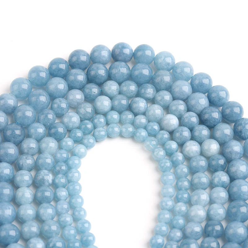 LS Natural Blue Aquamarin Stone Round Spacer Loose Beads For Jewelry Making Bracelet Necklace 15\