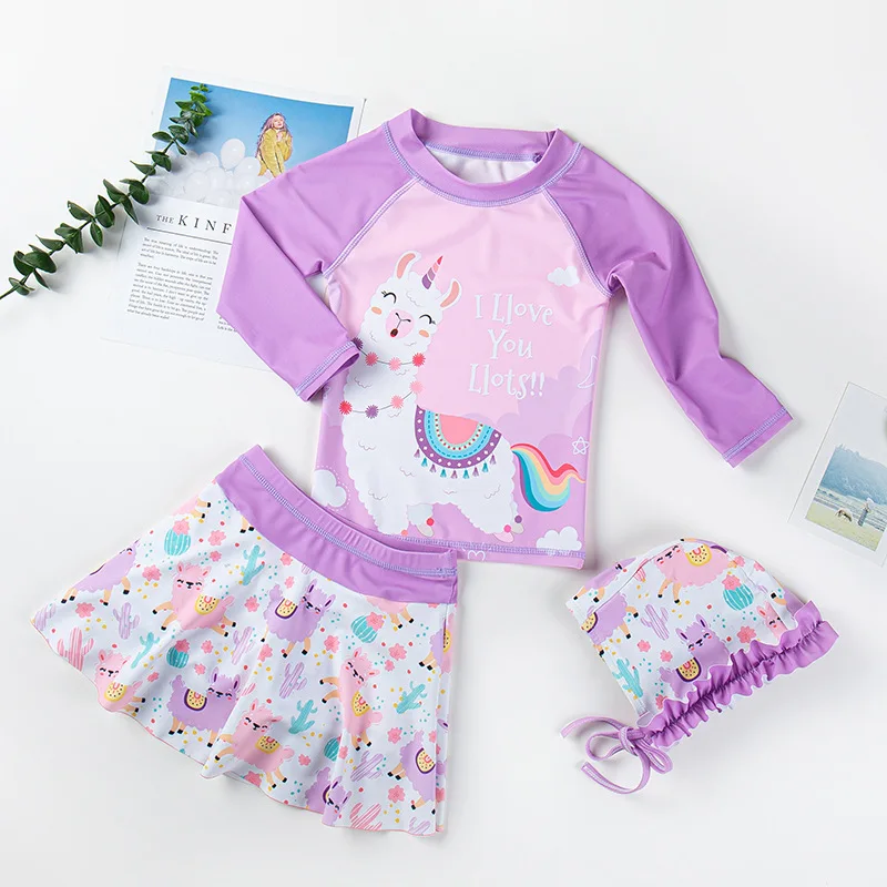 Swimwear and Swimming Trunks for Children Girl Long Sleeve Unicorn Lamb Print Swimsuit Kids 3 Pieces Bathing Suit for Baby Girls