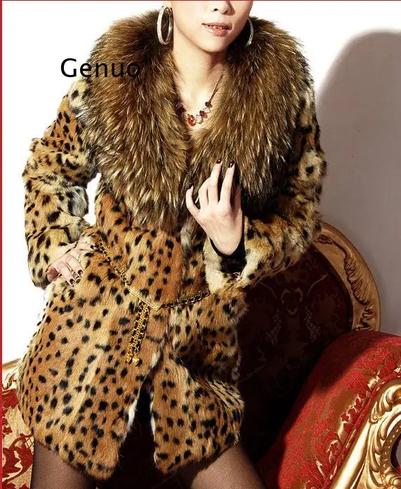 Frauen Leopard Print Faux Pelz Mantel Frauen Casual Waschbären Pelz Kragen Mode Mann-Made Pelz Lange Jacke Mantel