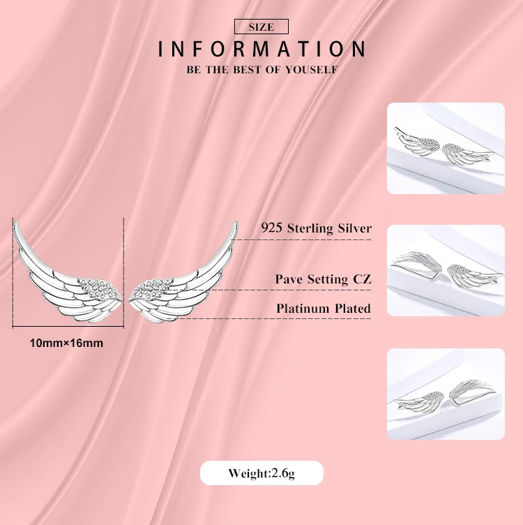 Modian Real 100% 925 Sterling Silver Wings Clear Zircon Fashion Stud Earrings For Women Charm Tiny Sterling Silver Jewelry