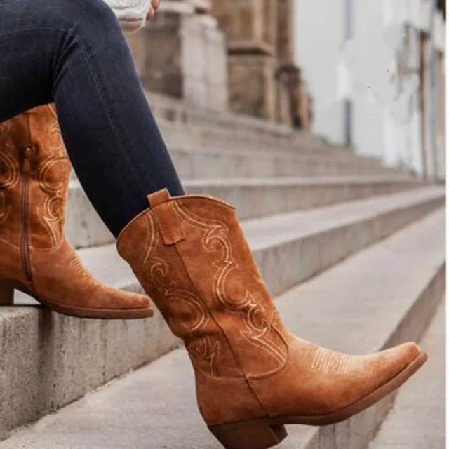Botas de vaquero con plataforma plana, zapatos de mujer, botas de piel de otoño e invierno, zapatos de tacón alto con punta redonda a la moda para mujer