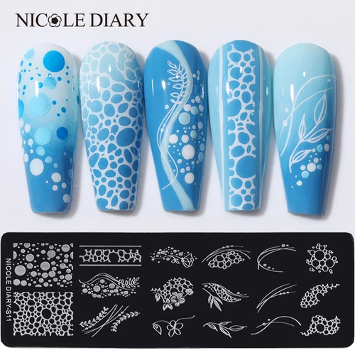 NICOLE DIARY-placas de estampado de uñas con efecto de burbuja de espuma, diseño de línea de hojas y flores, plantillas de plantilla de impresión para uñas