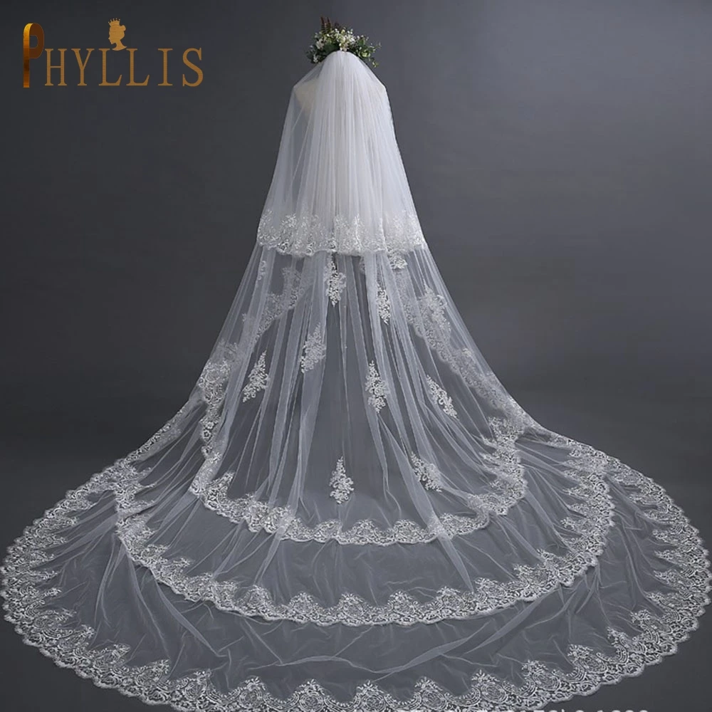 B45 Luxury 3 Meter White Ivory Cathedral Wedding Veils 3 Layer Lace Edge Hijab Wedding Veils Long Bridal Veil with Comb