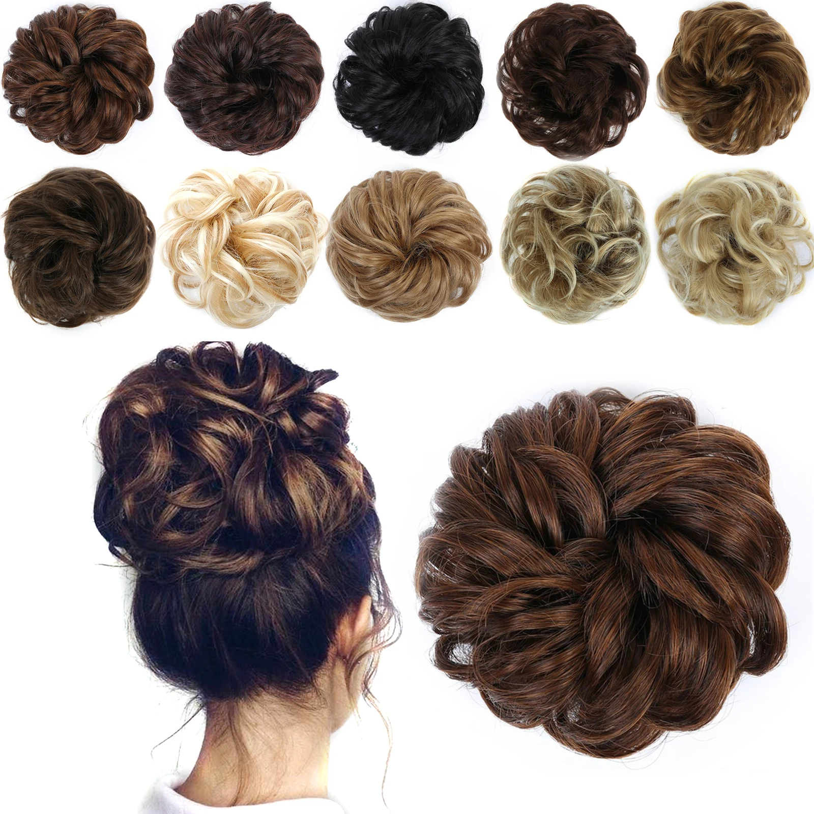 LUPU Synthetic Messy Hair Bun Elastic Hair Bands Extension Curly Wavy Chignon Hairpieces for Women Girls Tousled Updo Scrunchie