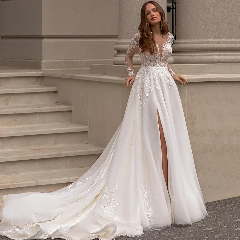 Novo designer de manga longa rendas vestidos de casamento a linha sexy igreja vestido de noiva 2022 divisão lado longo trem vestidos de casamento casamento