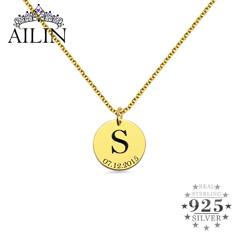 

AILIN 925 Sterling Silver Custom Initial Necklace 18K Gold Plated Engraved Year Letter Necklace With Date Personalized Jewellry