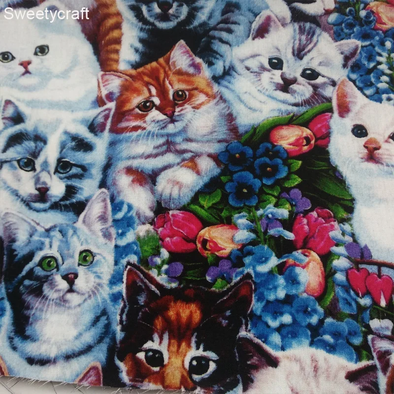 110X50cm Cartoon Floral Cat Print Machine wash Fabric tissus telas Cotton Fabrics Tecido Crafts Handmade DIY Sewing Bag Cushions