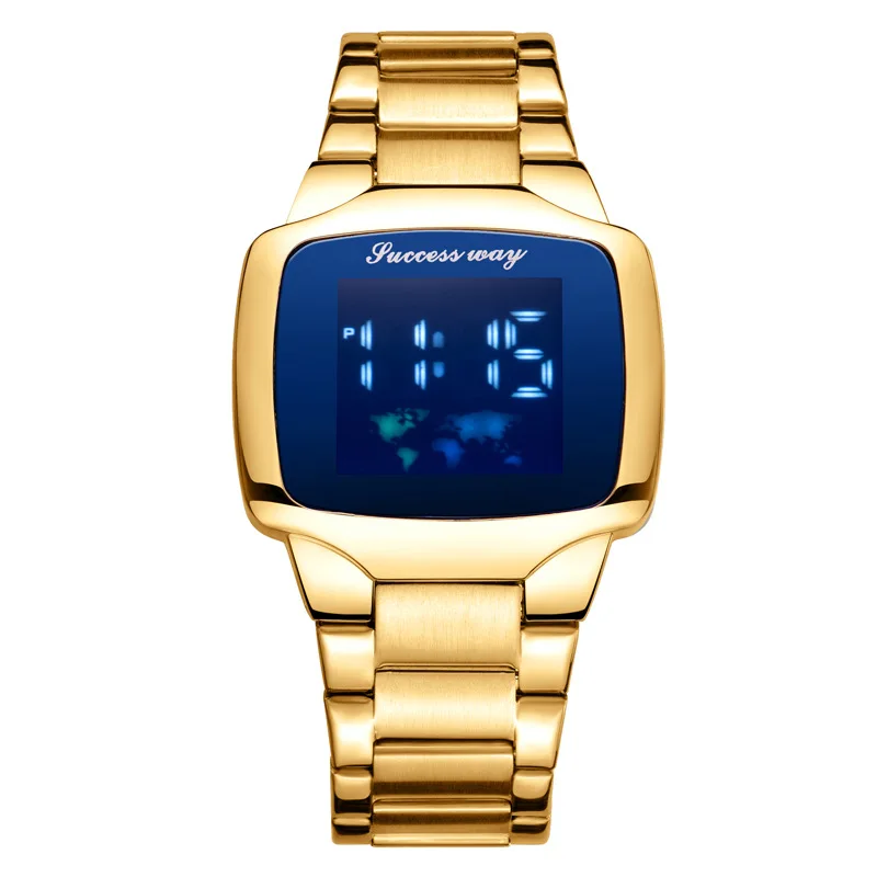 Square Stainless Steel Band Electronic Watch Personality Fashion Map Gold Blue Luxury Men\'s Watch LED Wrist Watch Birthday Gift