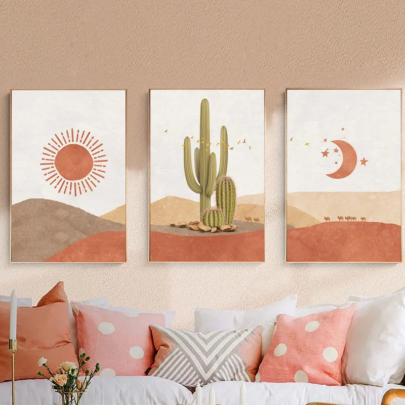 Abstract Landscape Sun and Moon Scene Boho Canvas Prints Cactus Wall Art Nordic Desert Wall Picture for Living Room Home Decor