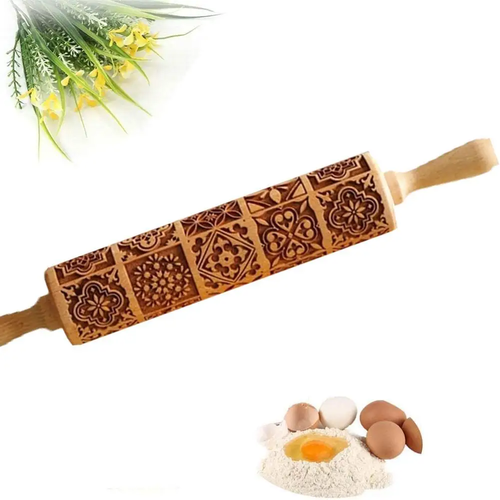 Exquisite Pattern Rolling Pin Wooden Embossing Baking Tools Reindeer Dough Engraved Square Grid Cookies Mold