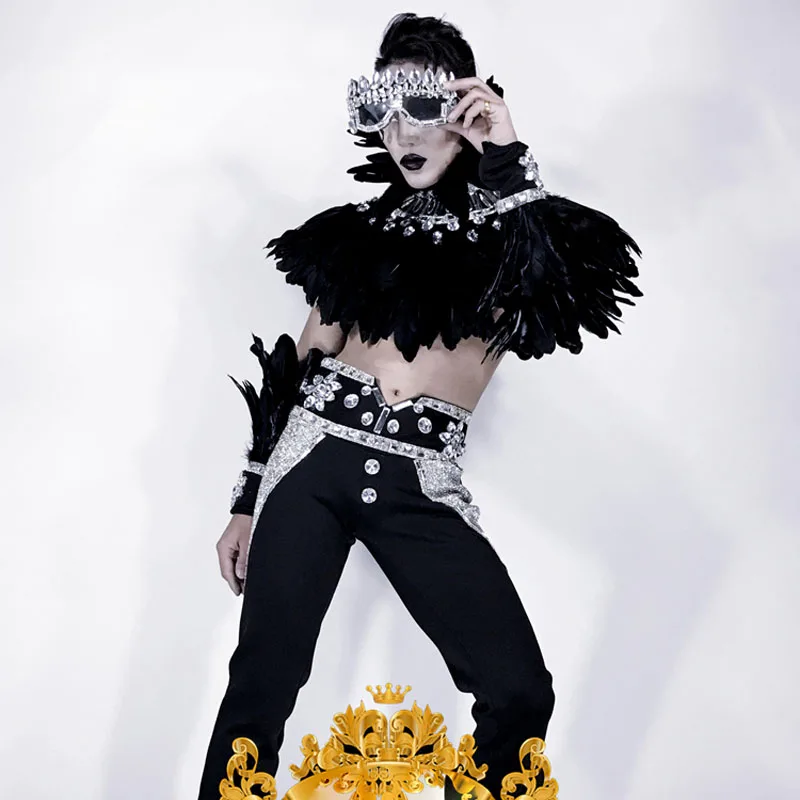 

show singer Sexy catwalk model clothing Black angle feather Nightclub DS dance team male rhinestone feather cloak costumes