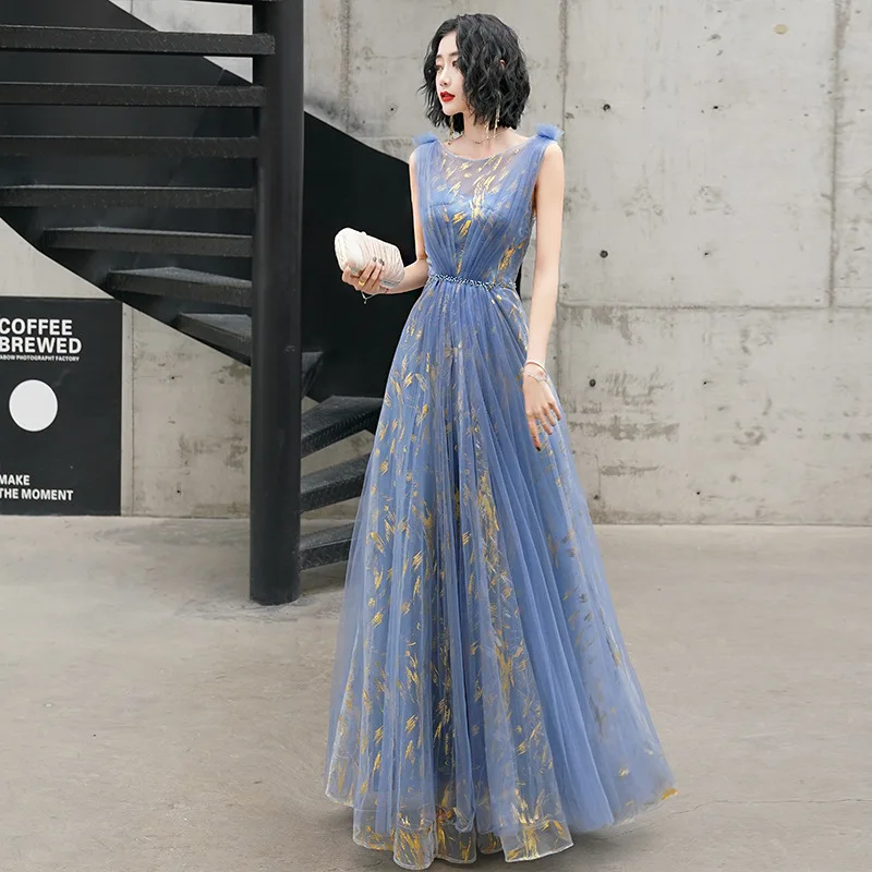 Vestidos formales de graduación para mujer, vestido de noche elegante sin mangas con cuello redondo, bordado en línea A, apliques de encaje, vestidos de fiesta