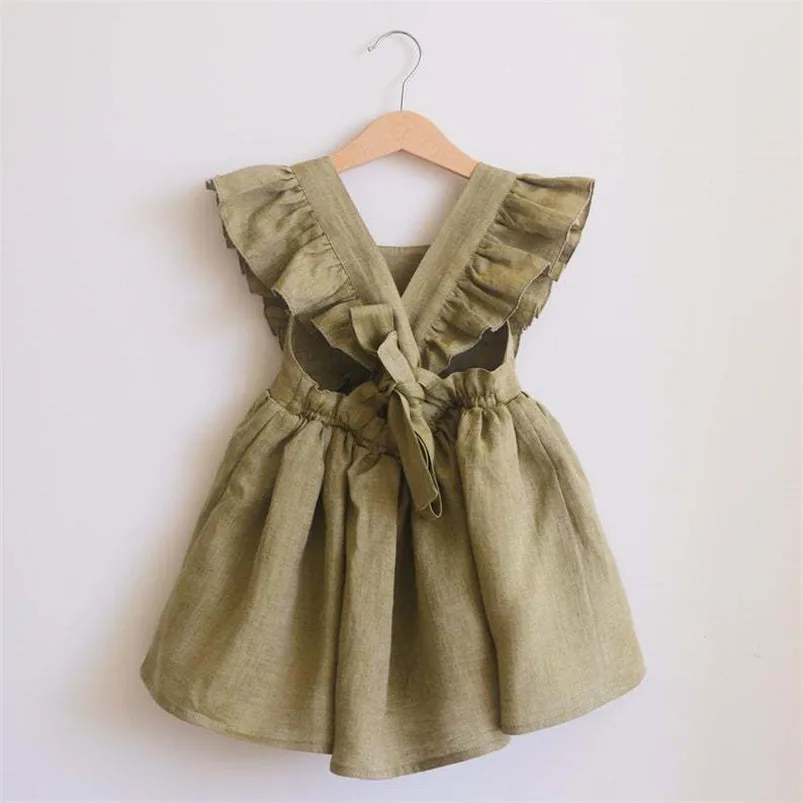 Cotton Linen Girls Strap Dress Ruffles Lace Kids Beach Dress Summer Toddler Girls Bohemian Style Clothing 0-6Yrs Kleid/robe