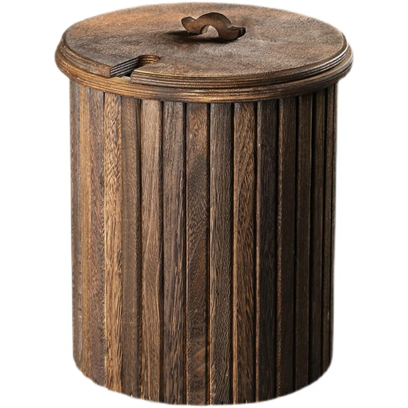 Solid wood trash can Tea Waste Bucket Residue Pressing Pop Cover Dustbin Trash Office Thickened with Lid Filter Drainage