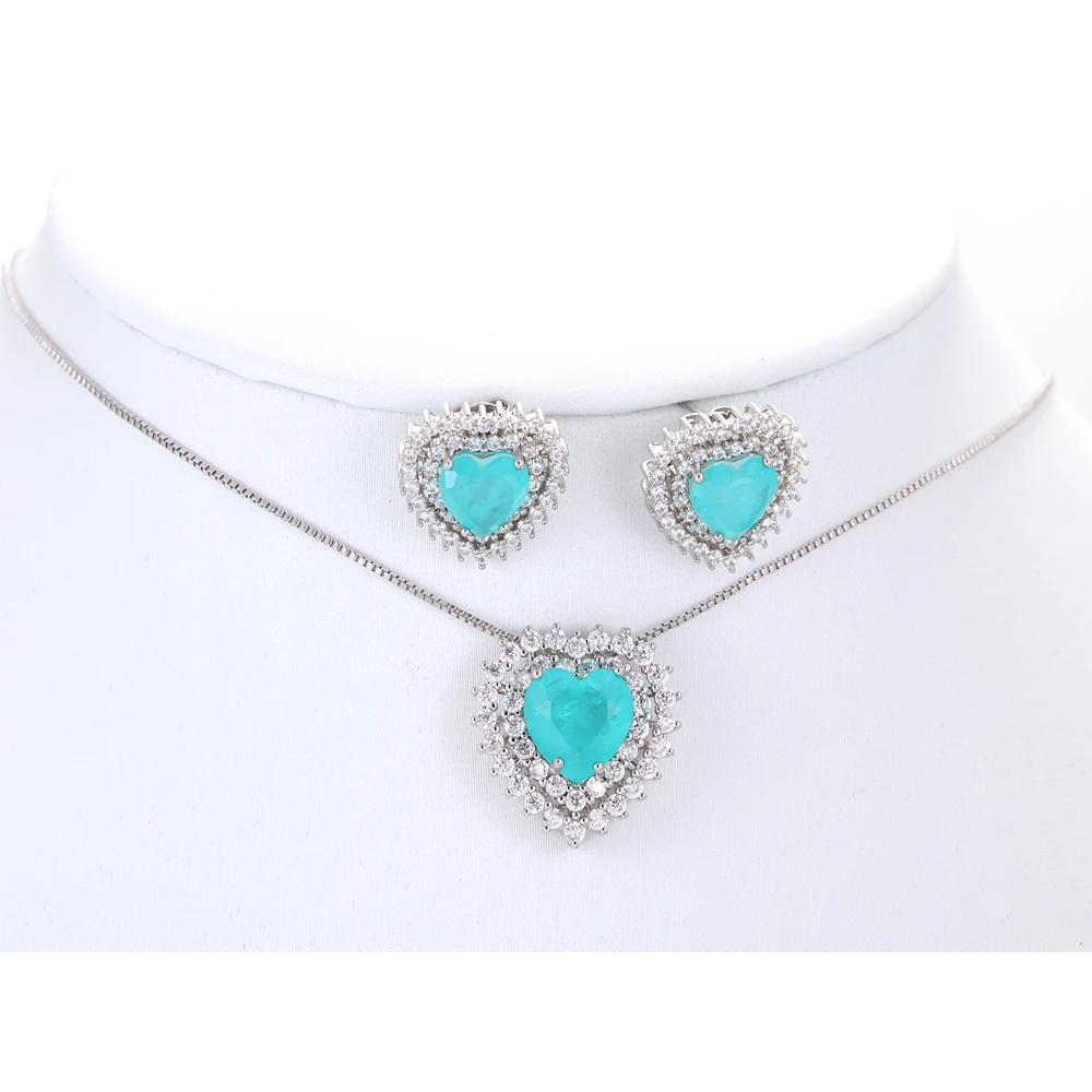 EYIKA Romantic Heart Paraiba Tourmaline Zircon Necklace Earrings Jewelry Set For Women Luxury Wedding Engagement Valentine\'s Day