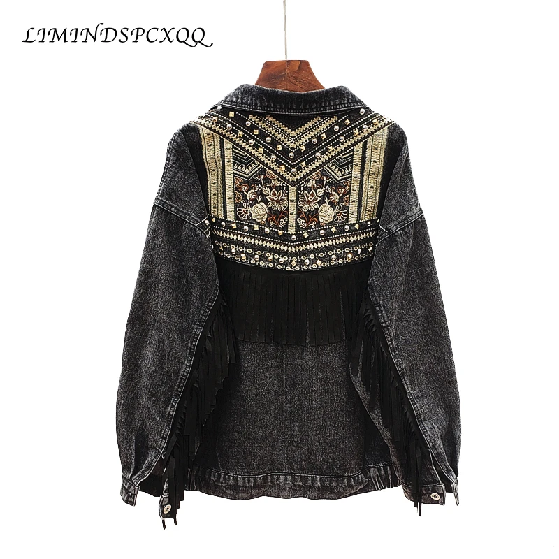 Denim Women Jacket Spring Vintage Floral Embroidery Suede Fringe Loose Coat Long Sleeve Outerwear Female Jacket Chaquetas Mujer