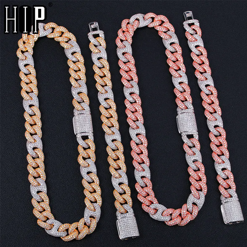 Hip Hop 15MM Bling Iced Out Box Clasp Cuban Chain AAA CZ Stone Cubic Zirconia Bracelets Necklaces For Men Women Choker Jewelry